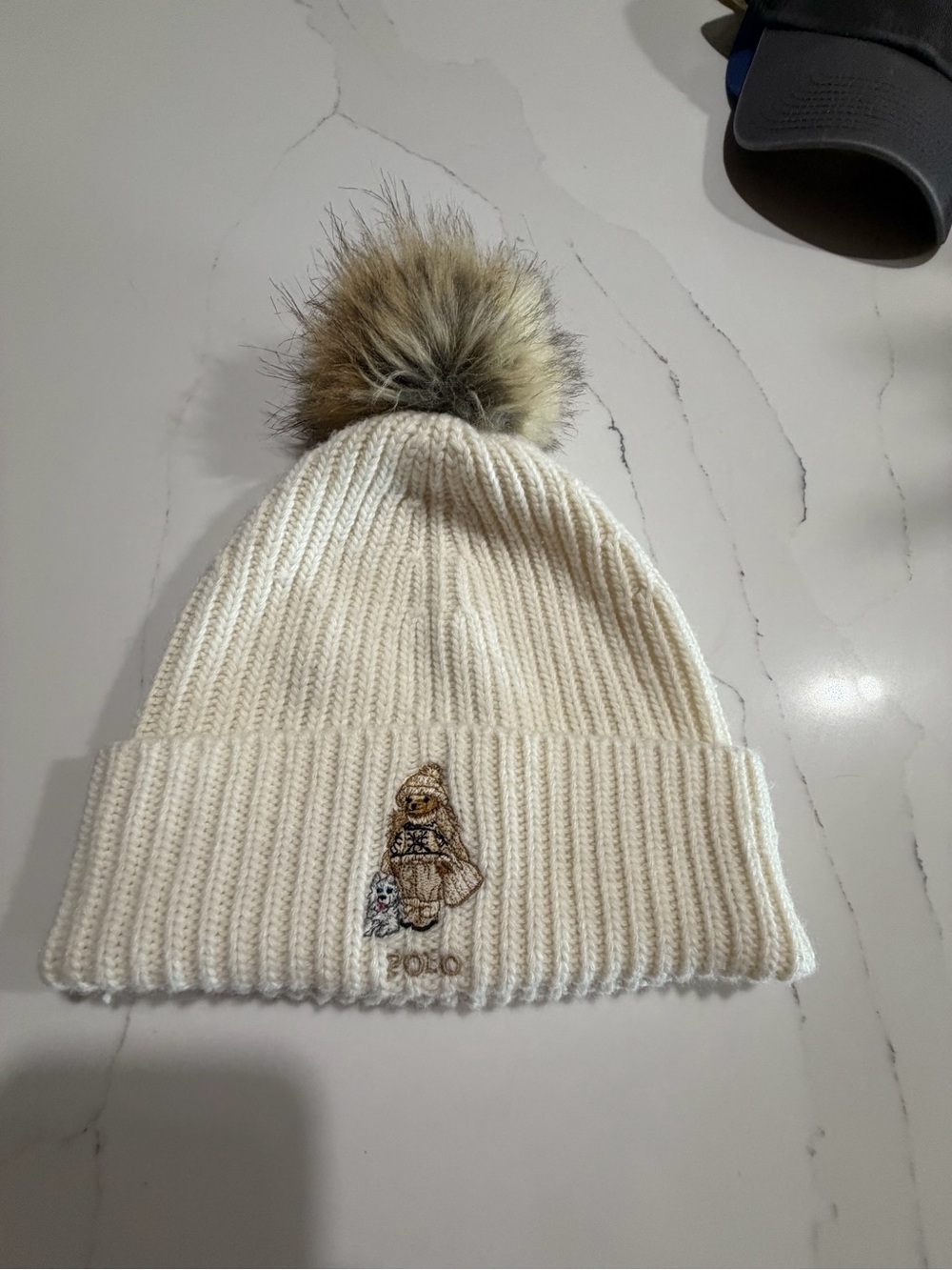 Polo by Ralph Lauren Cream Knit Pom Beanie with Bear Embroidery
